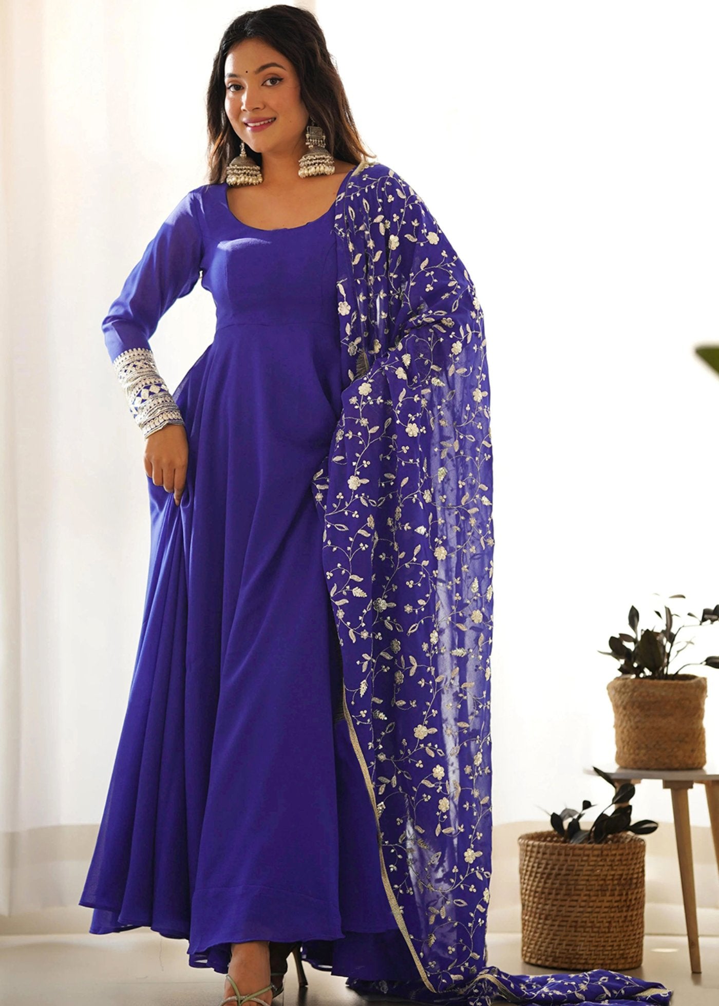 Embroidered Georgette Stitched Anarkali Gown With Dupatta
