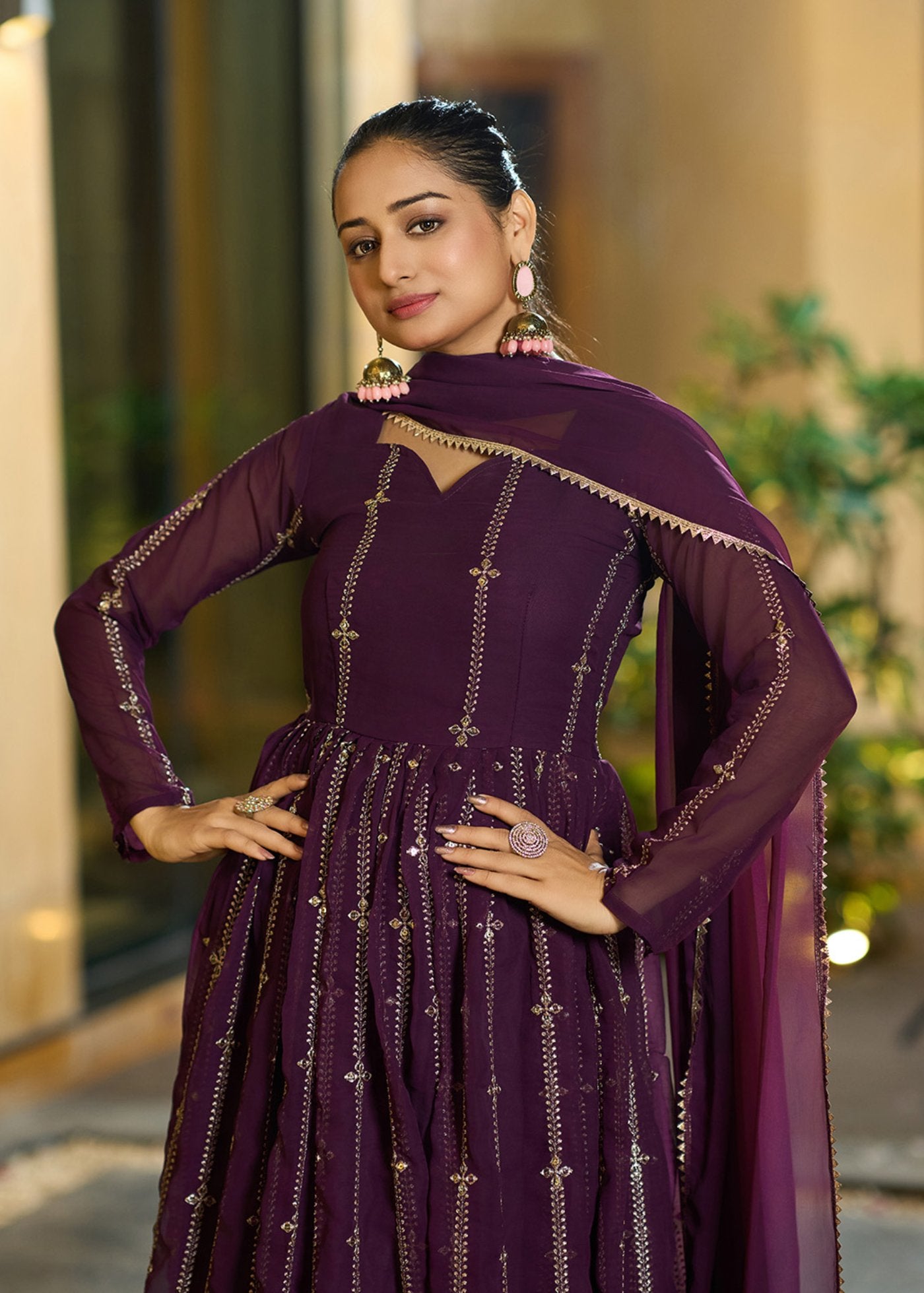 Embroidered Georgette Stitched Anarkali Gown With Dupatta