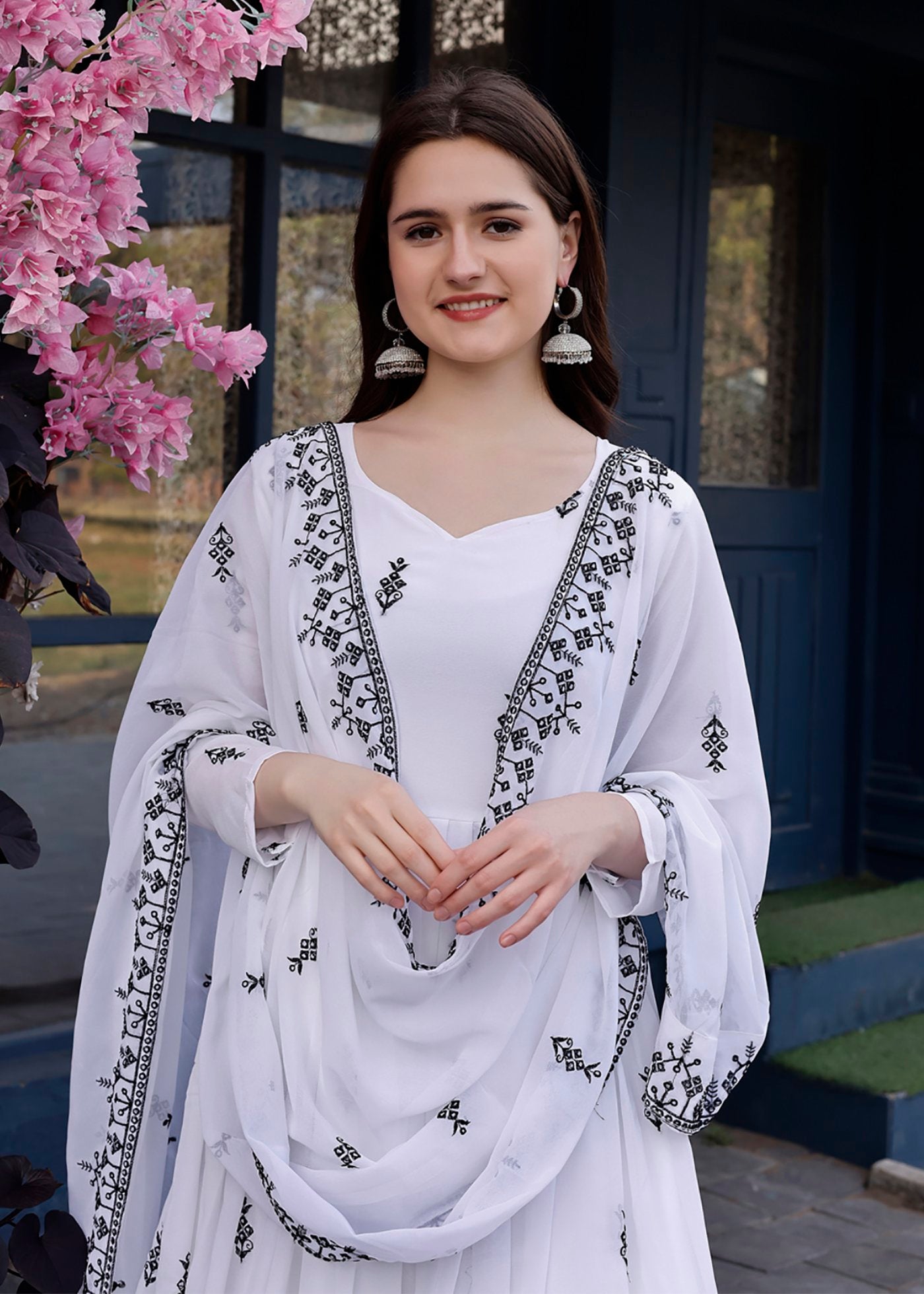 Embroidered Georgette Stitched Anarkali Gown With Dupatta