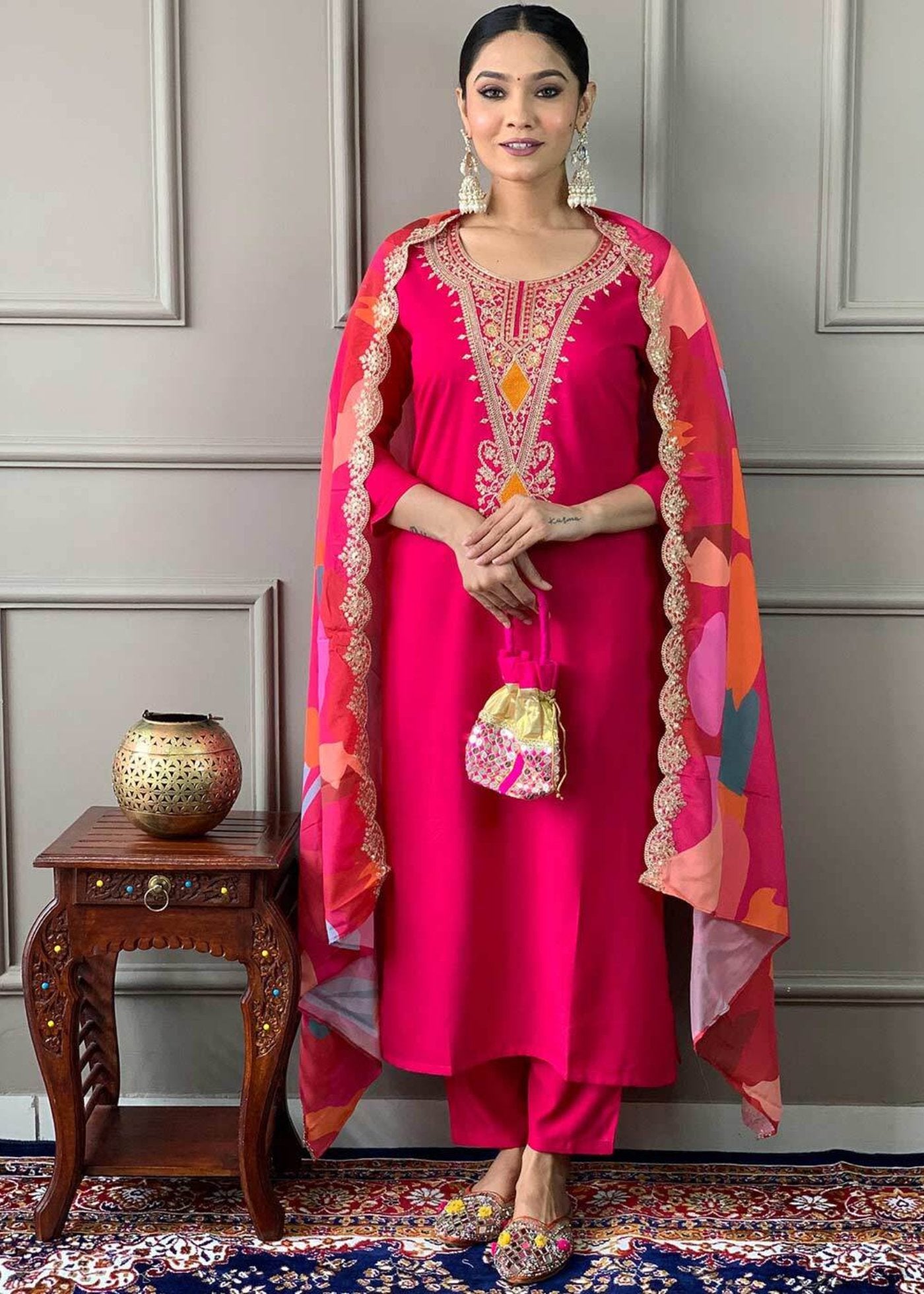 Silk Blend Embroidered Lucknowi Kurta Pant & Dupatta Set