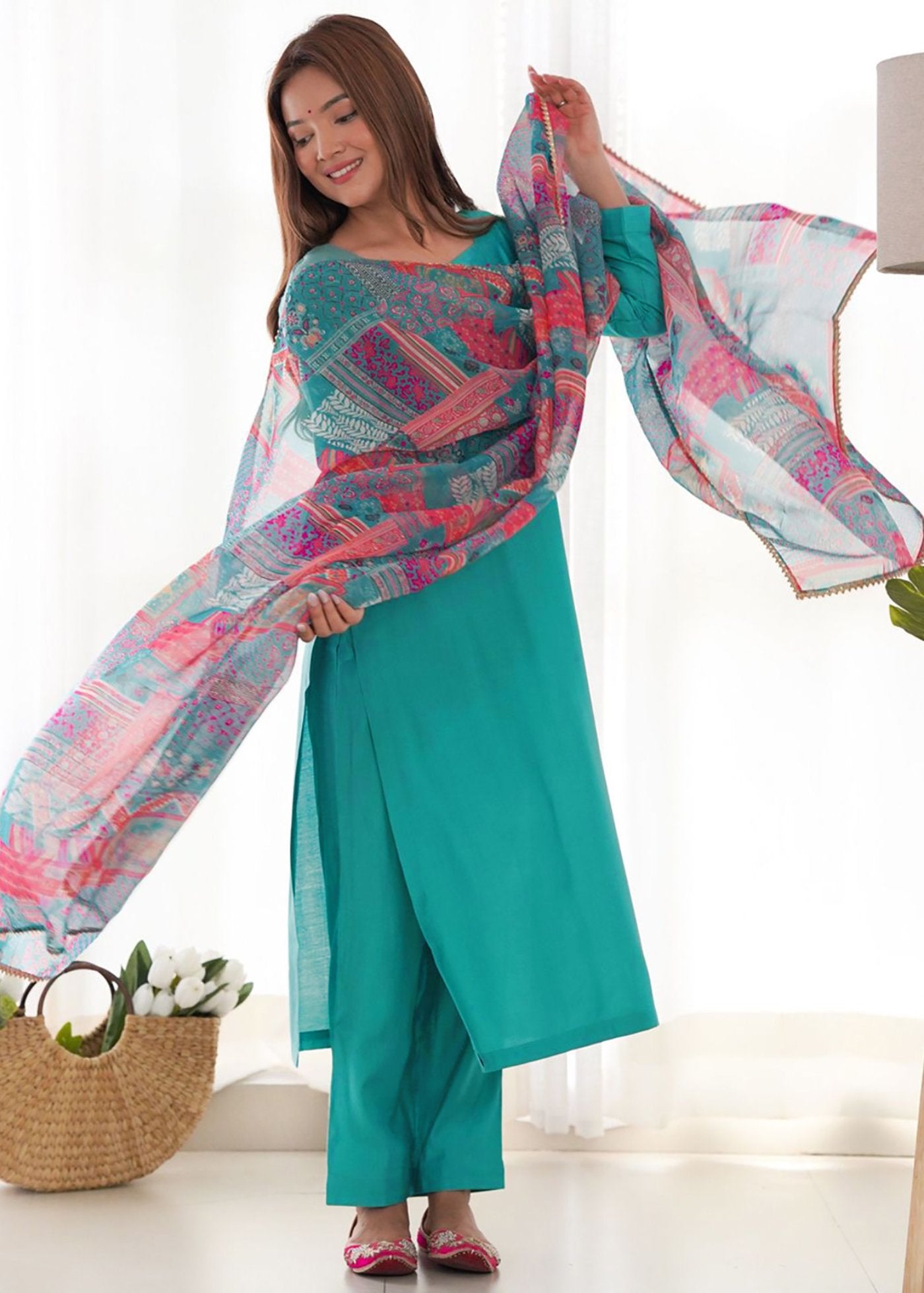 Women Roman Silk Kurta Pant Dupatta Set