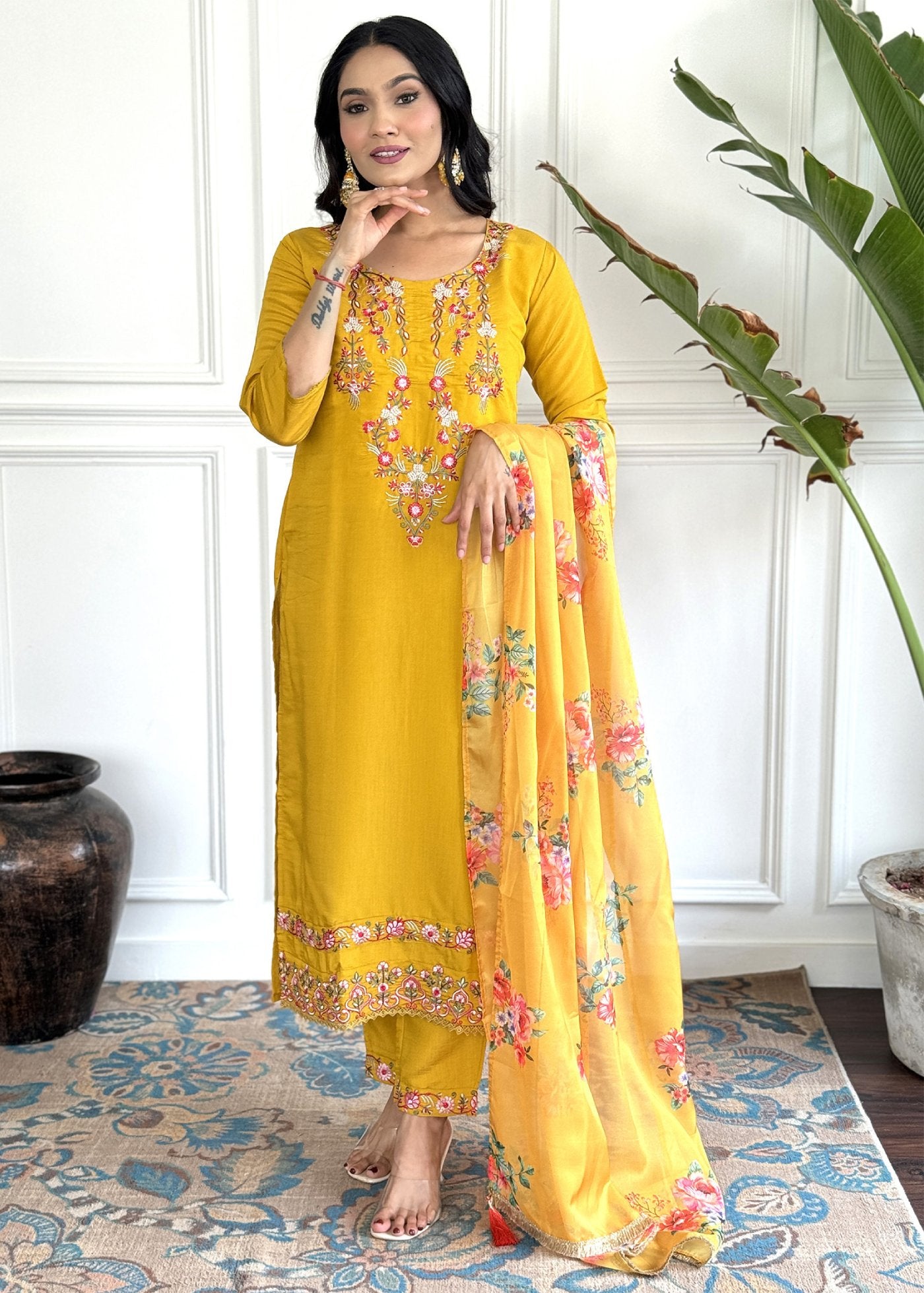 Women Silk Kurta Pant Dupatta Set