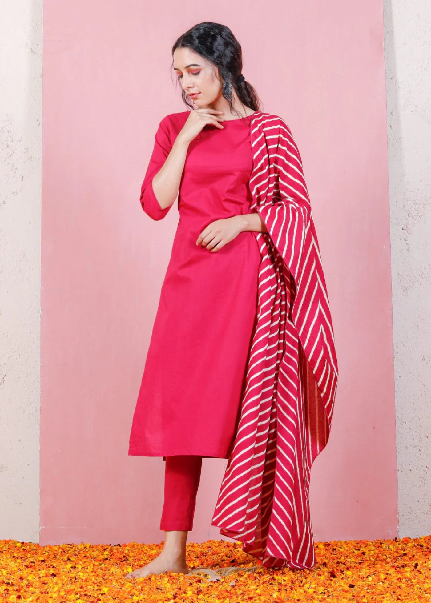Women Silk Coral Kurta Pant Dupatta Set