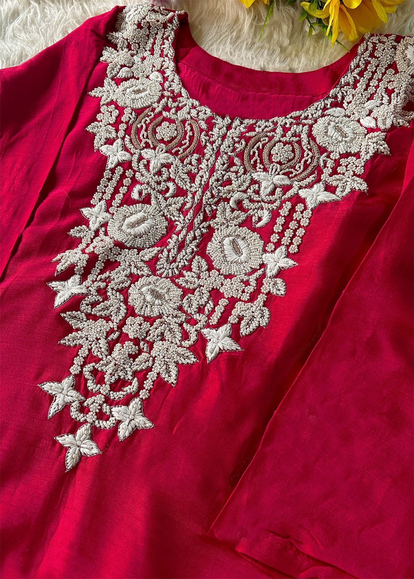 Women Silk Bids Kurta Pant Dupatta Set