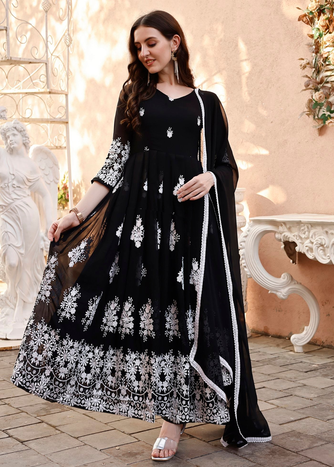 Embroidered Georgette Stitched Anarkali Gown With dupatta