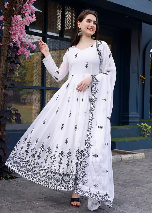 Embroidered Georgette Stitched Anarkali Gown With Dupatta