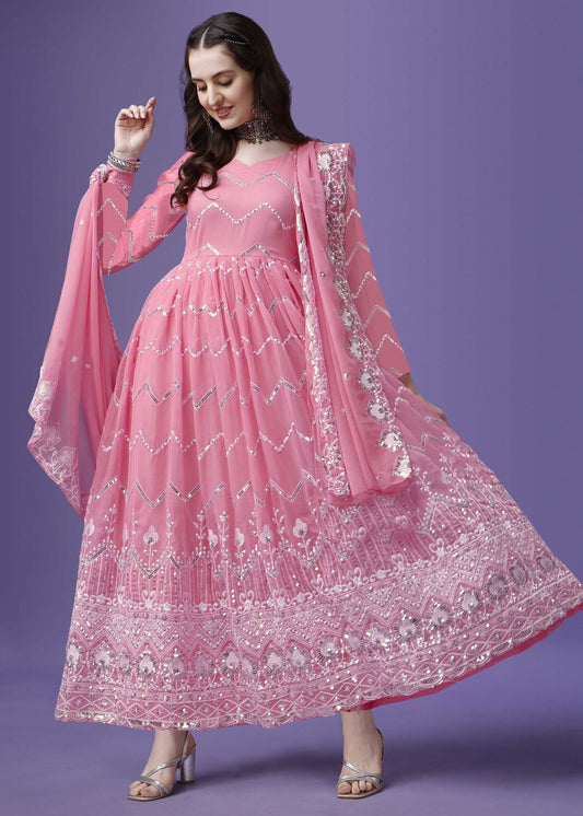 Embroidered Georgette Stitched Anarkali Gown With dupatta