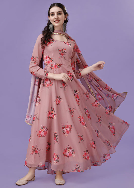 Printed Georgette Stitched Anarkali Gown With Dupatta