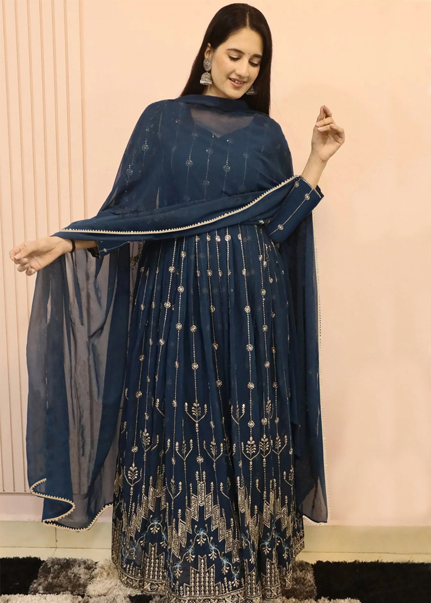 Embroidered Georgette Stitched Anarkali Gown With Dupatta