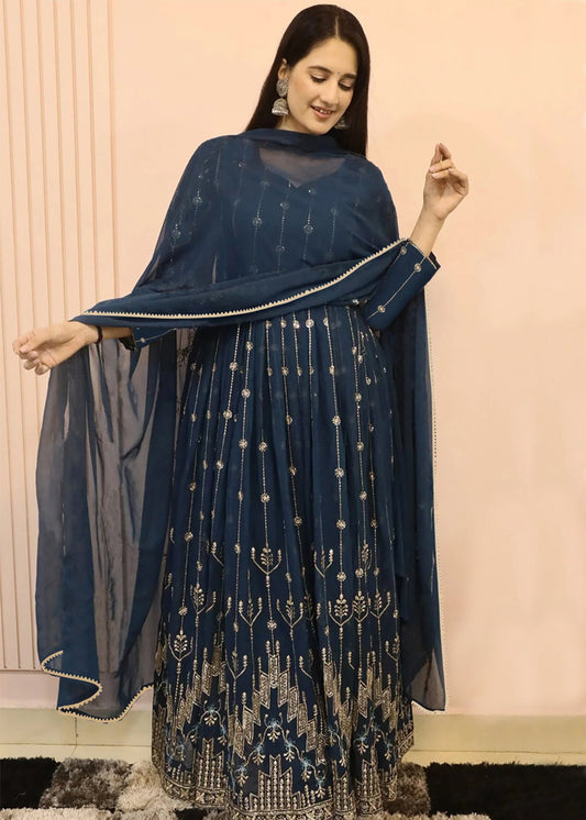 Embroidered Georgette Stitched Anarkali Gown With Dupatta