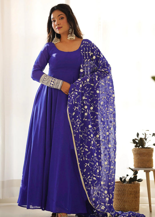 Embroidered Georgette Stitched Anarkali Gown With Dupatta
