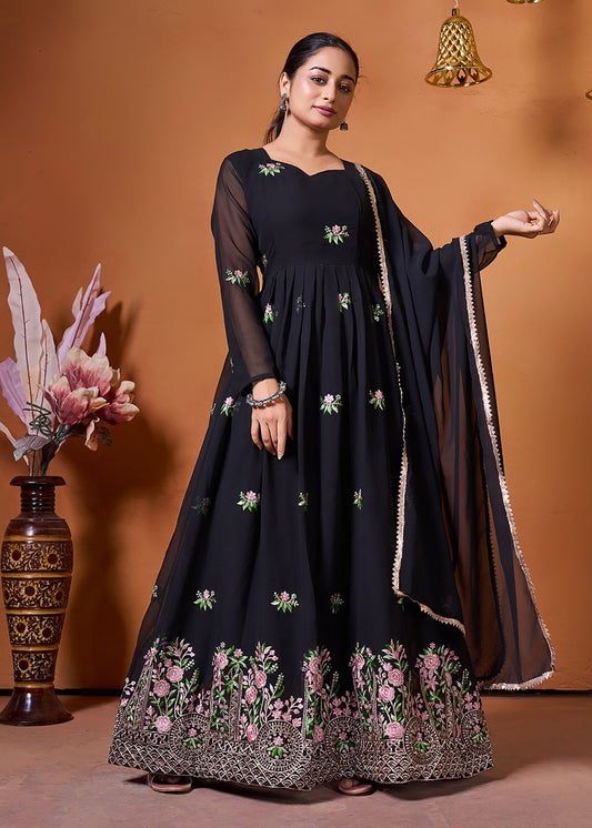 Embroidered Georgette Stitched Anarkali Gown With Dupatta