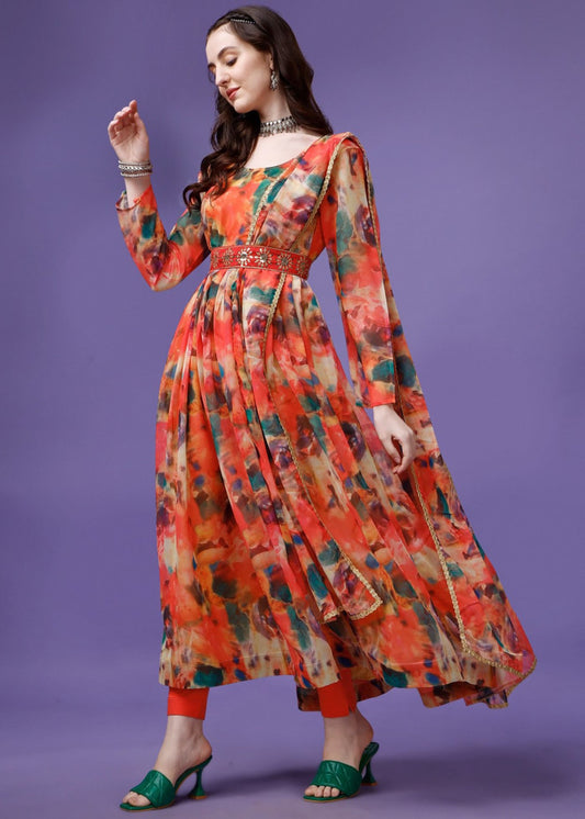 Printed Georgette Stitched Anarkali Gown With Dupatta