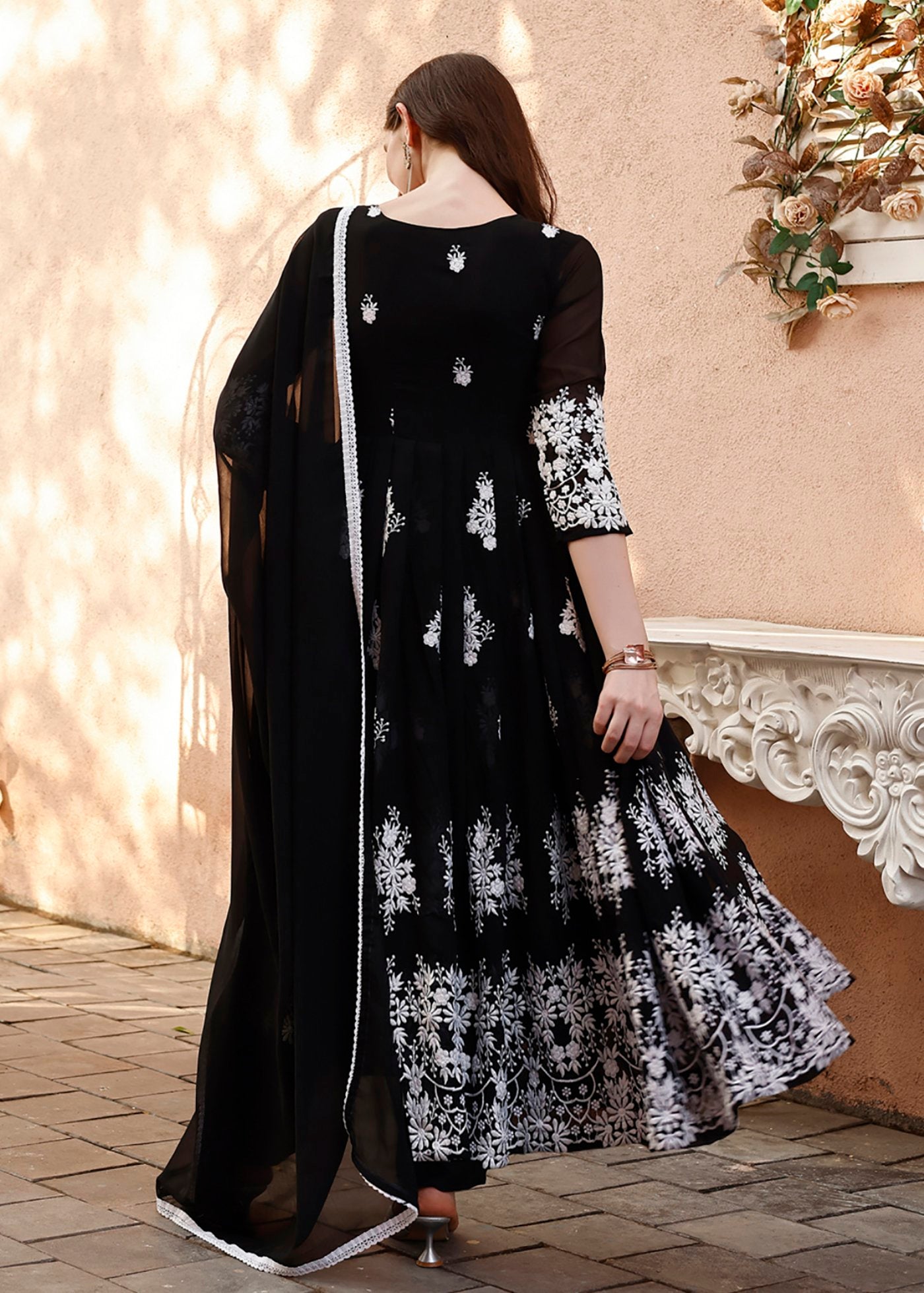 Embroidered Georgette Stitched Anarkali Gown With dupatta