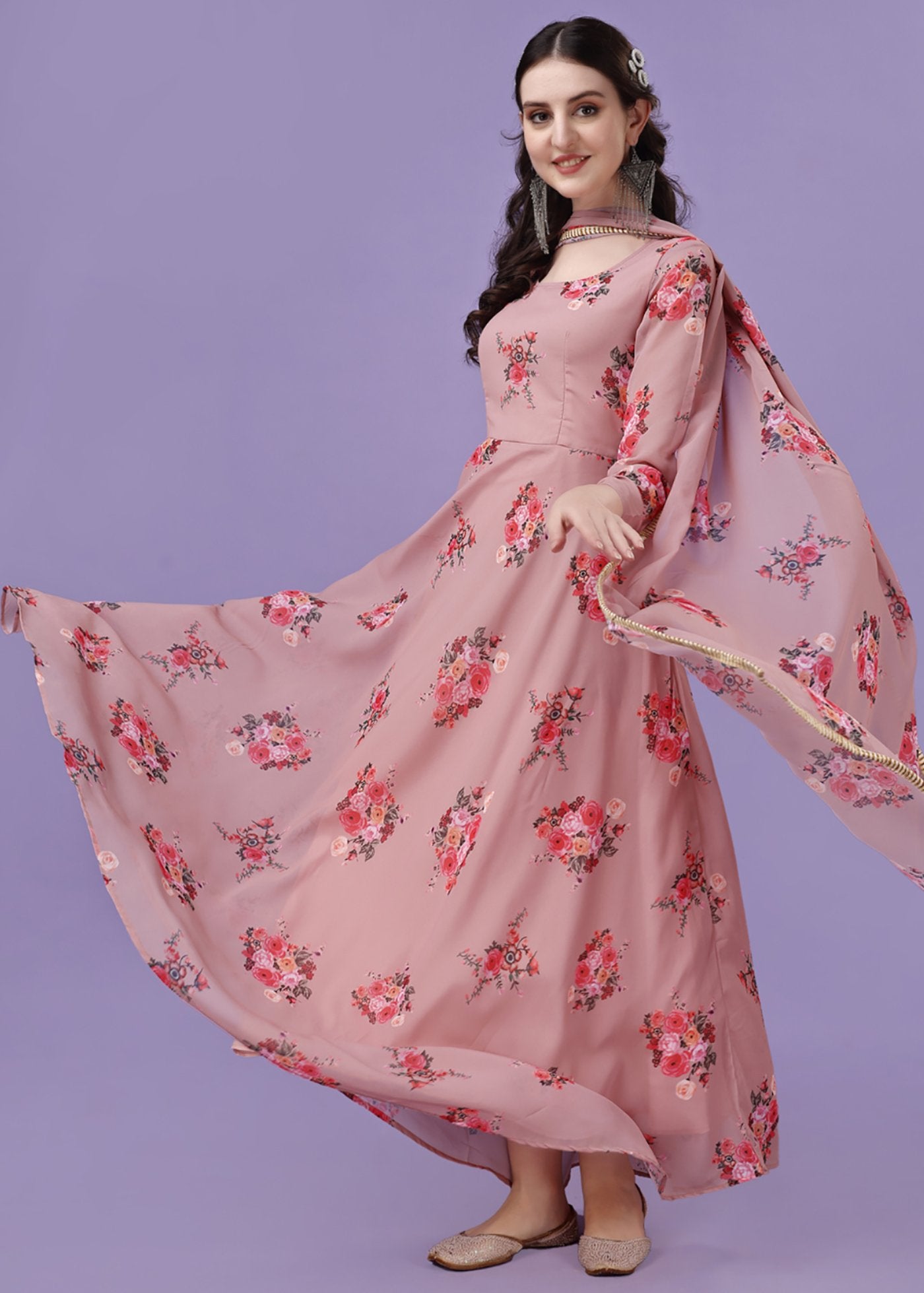 Printed Georgette Stitched Anarkali Gown With Dupatta