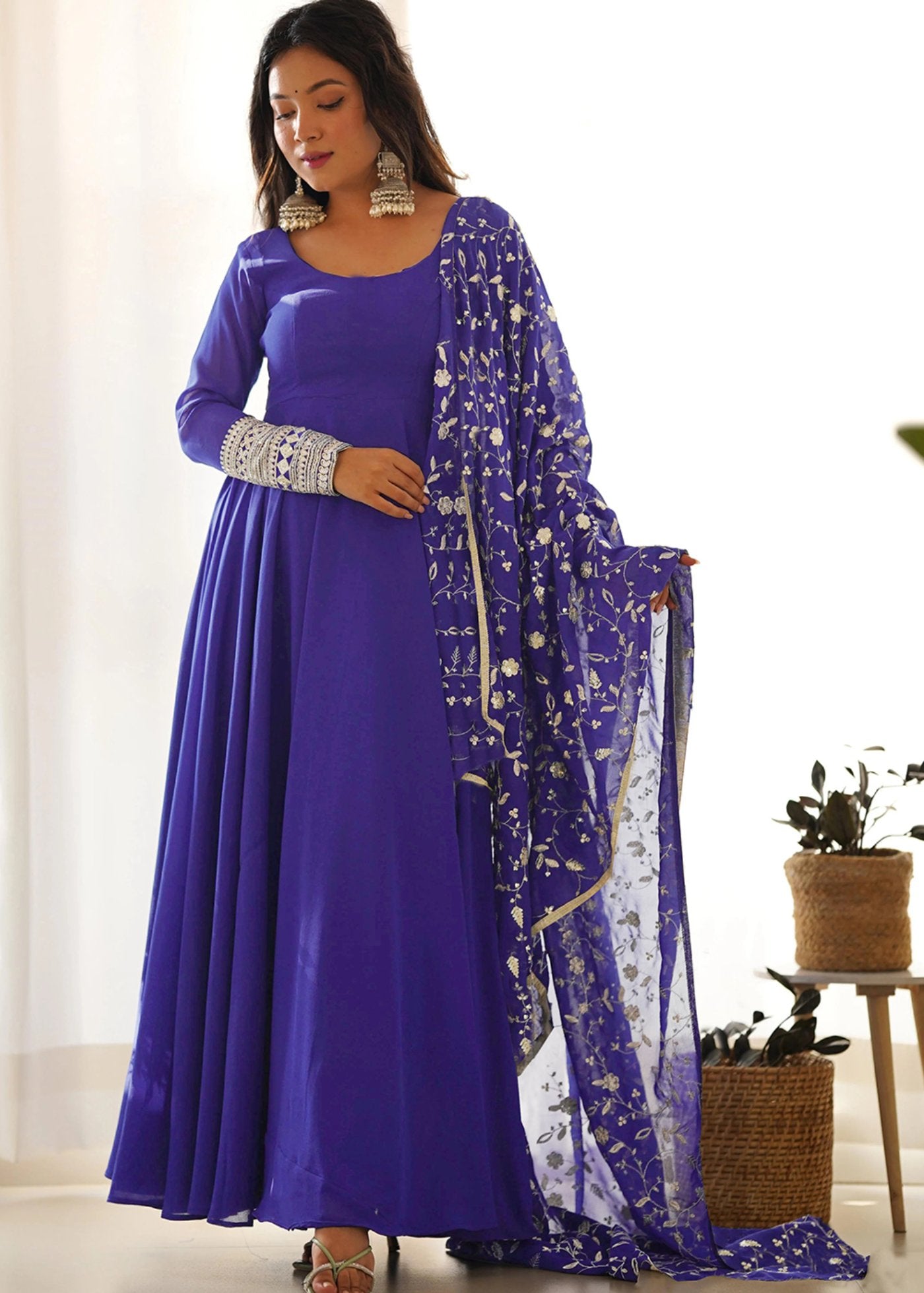Embroidered Georgette Stitched Anarkali Gown With Dupatta