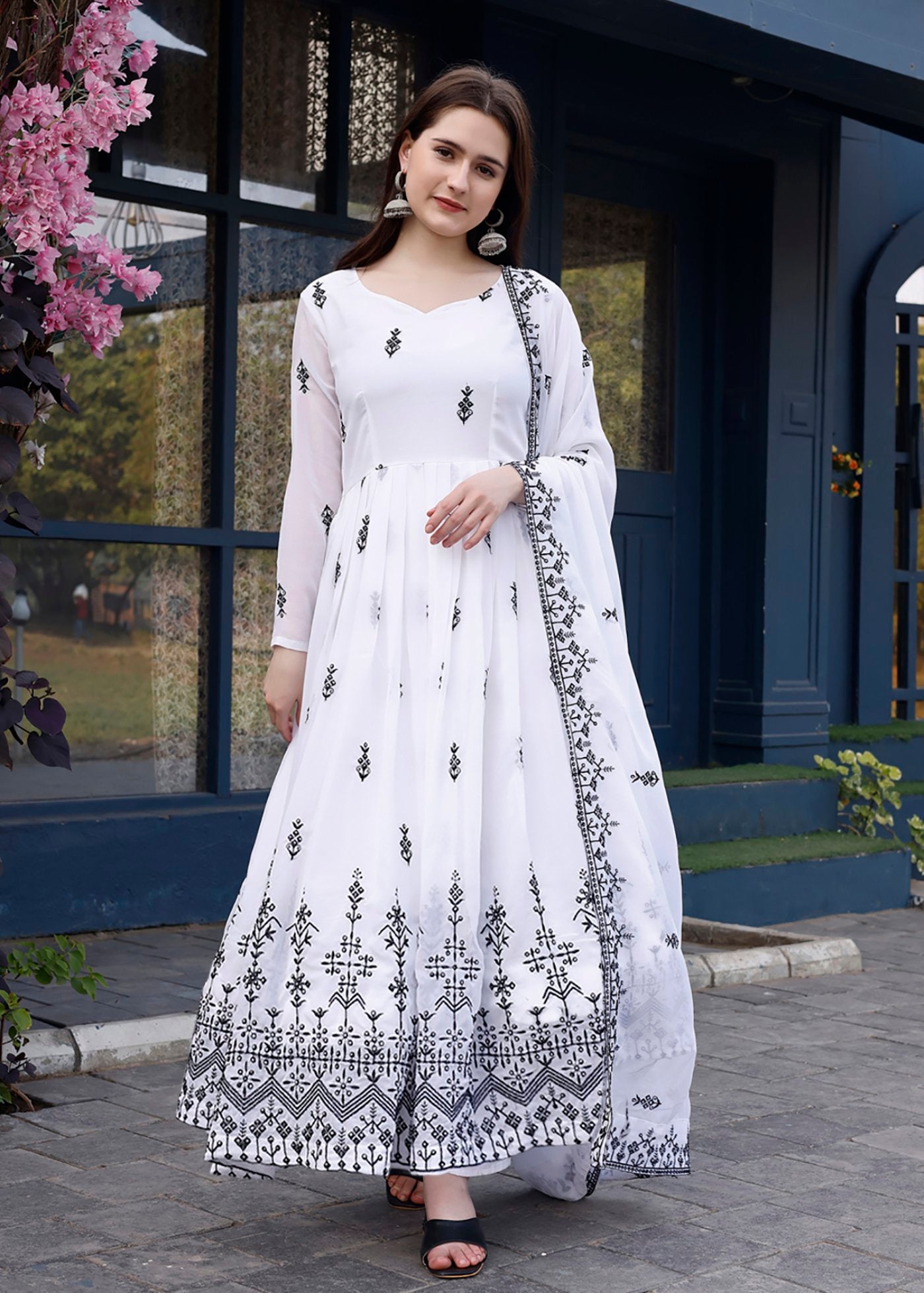 Embroidered Georgette Stitched Anarkali Gown With Dupatta