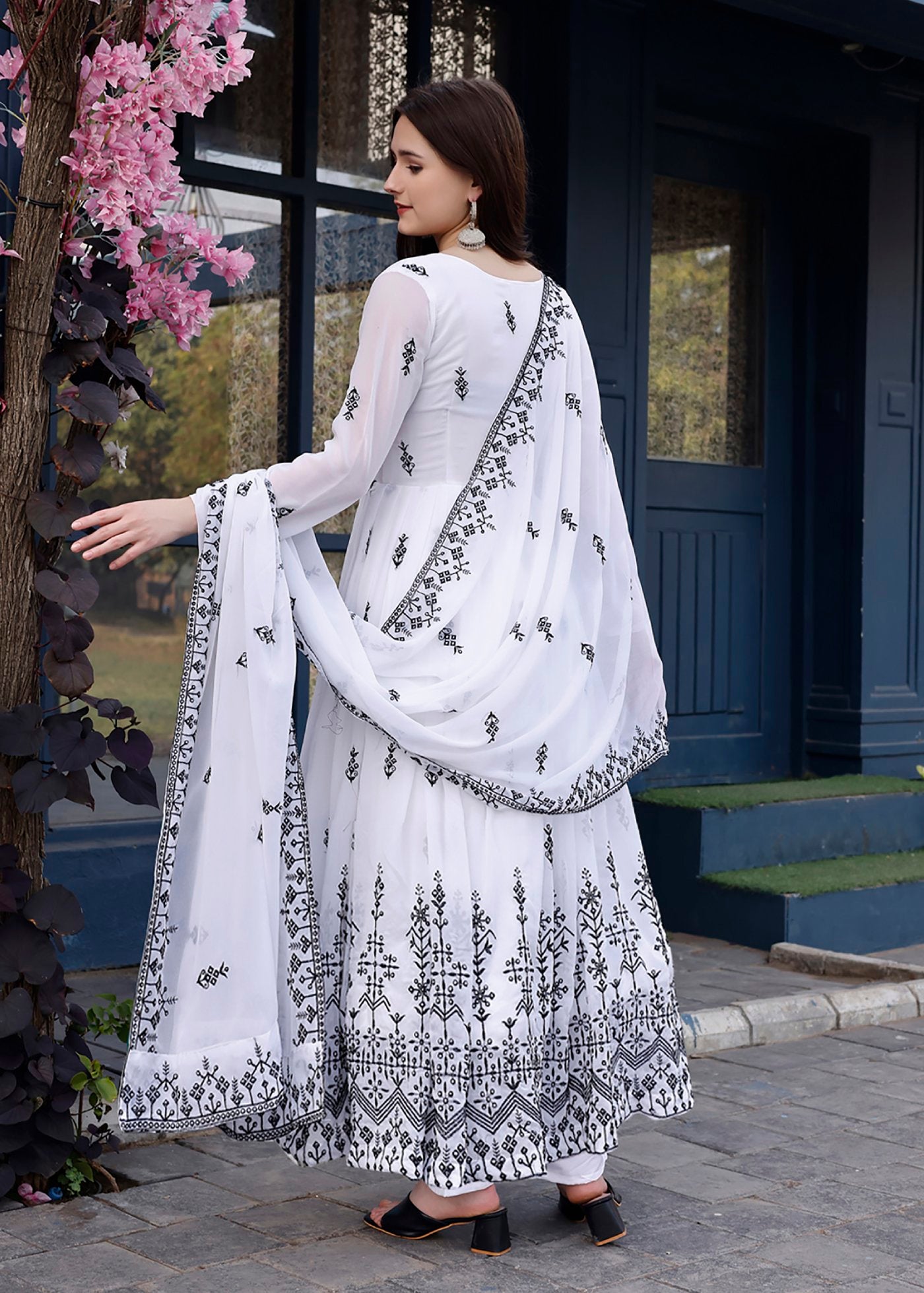 Embroidered Georgette Stitched Anarkali Gown With Dupatta