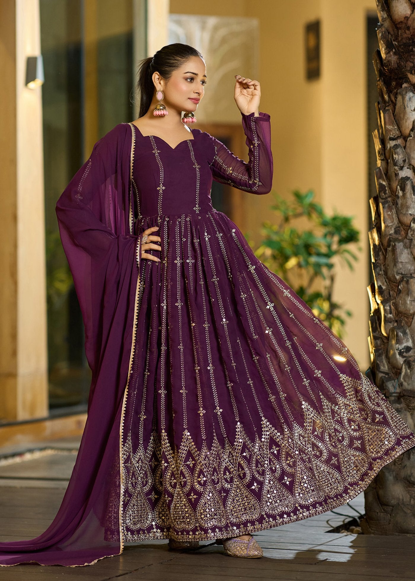 Embroidered Georgette Stitched Anarkali Gown With Dupatta