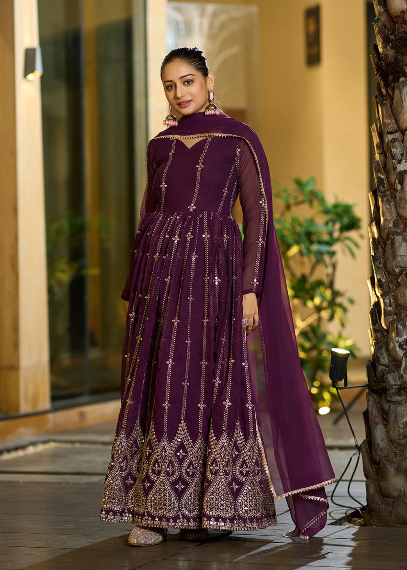 Embroidered Georgette Stitched Anarkali Gown With Dupatta