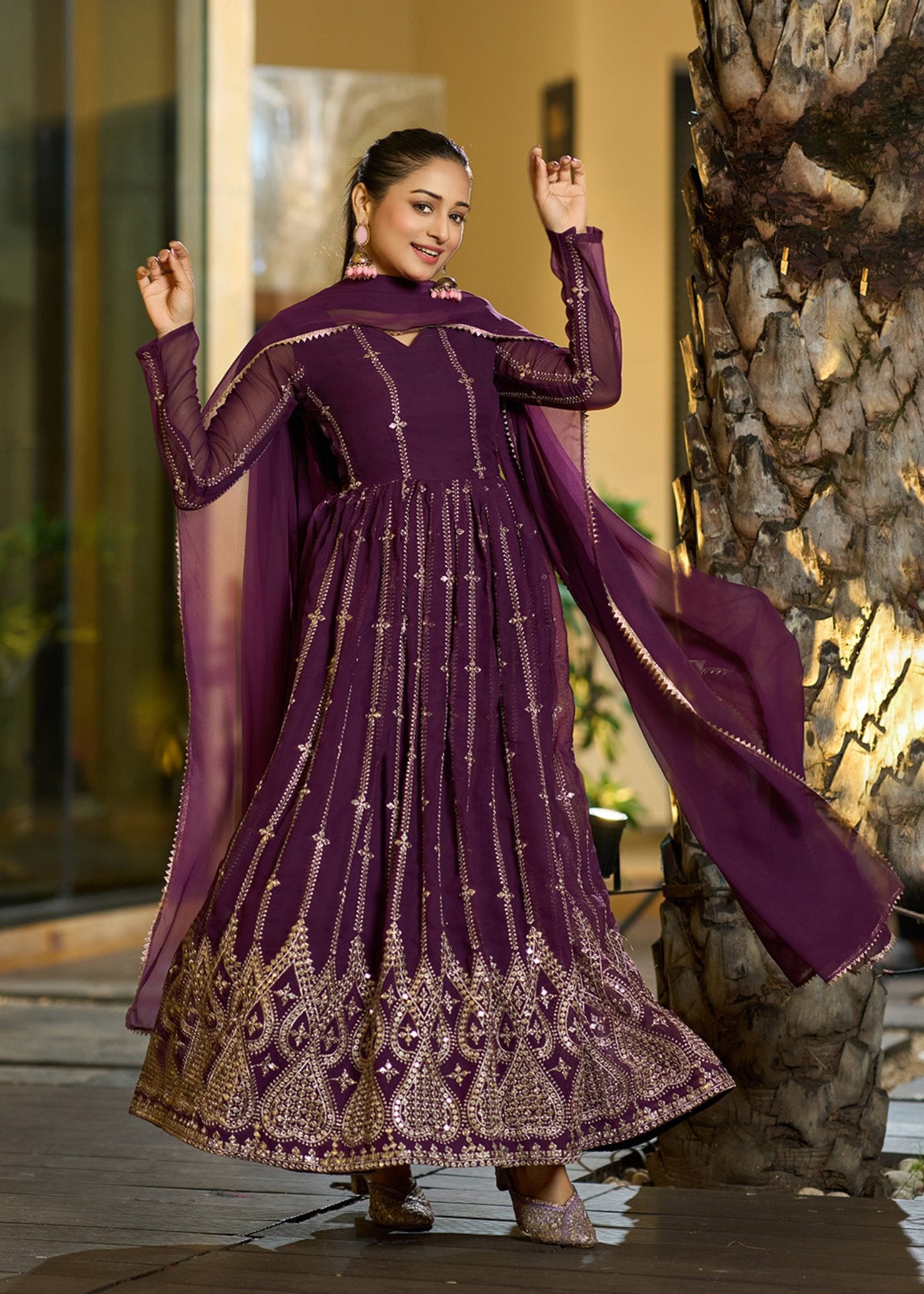 Embroidered Georgette Stitched Anarkali Gown With Dupatta