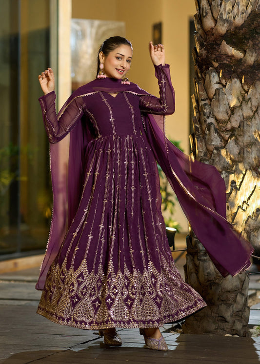 Embroidered Georgette Stitched Anarkali Gown With Dupatta