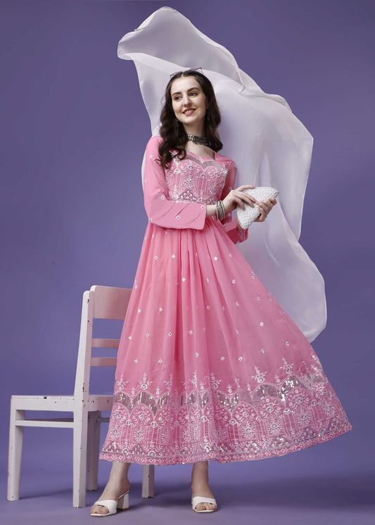Embroidered Georgette Stitched Anarkali Gown With Dupatta