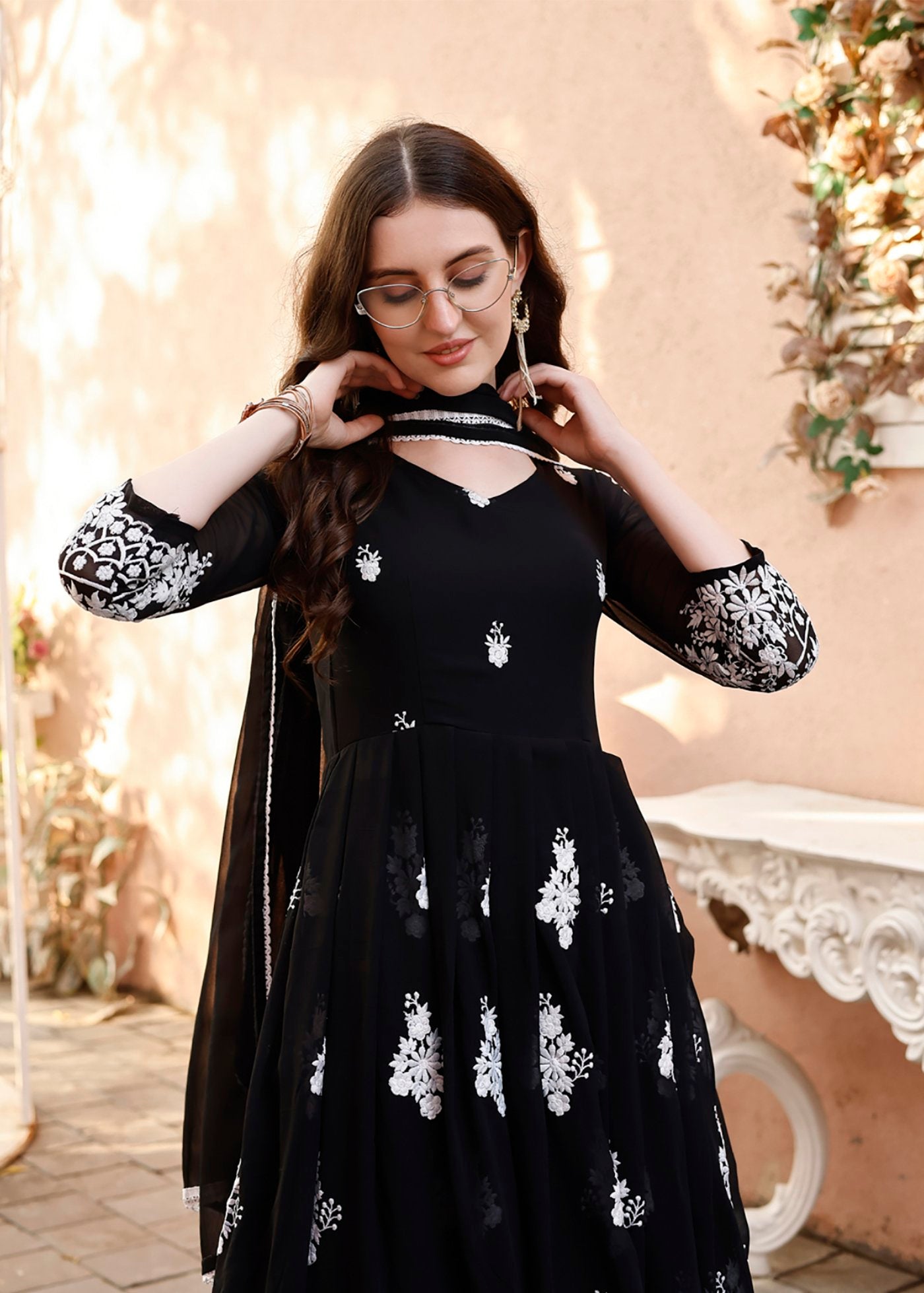 Embroidered Georgette Stitched Anarkali Gown With dupatta