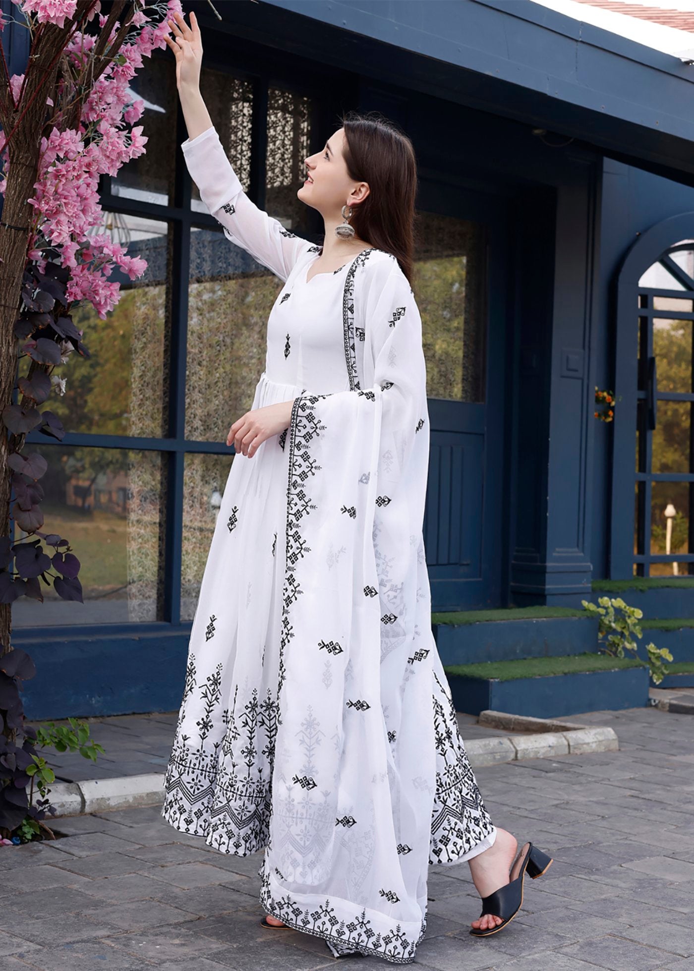 Embroidered Georgette Stitched Anarkali Gown With Dupatta