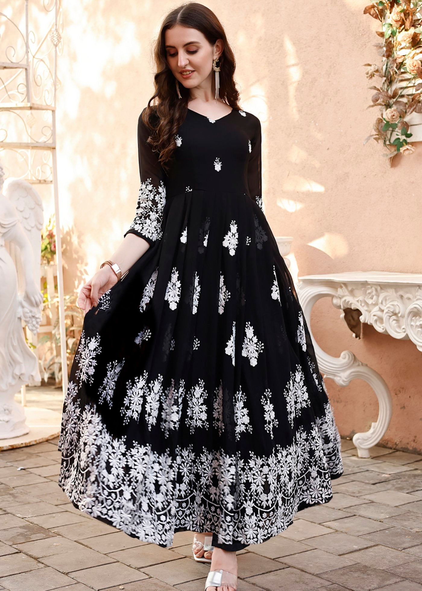 Embroidered Georgette Stitched Anarkali Gown With dupatta