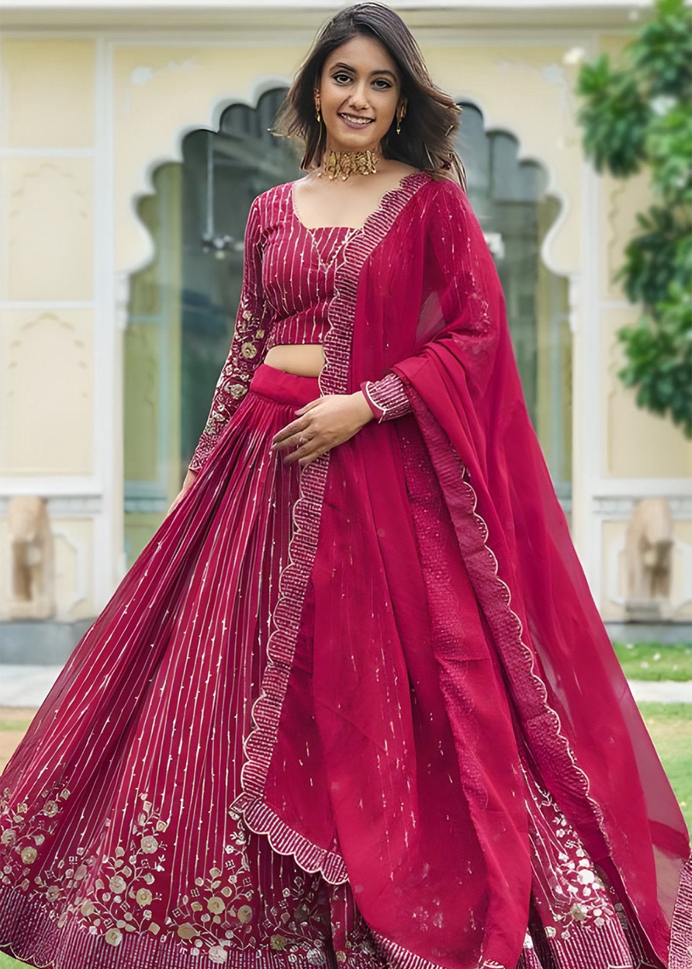 Georgette Sequins Embroidered Lehenga Choli With Dupatta Set