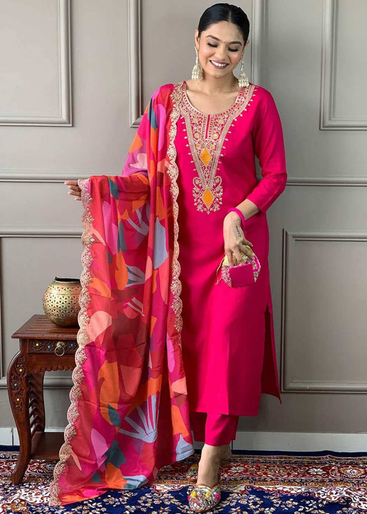 Silk Blend Embroidered Lucknowi Kurta Pant & Dupatta Set