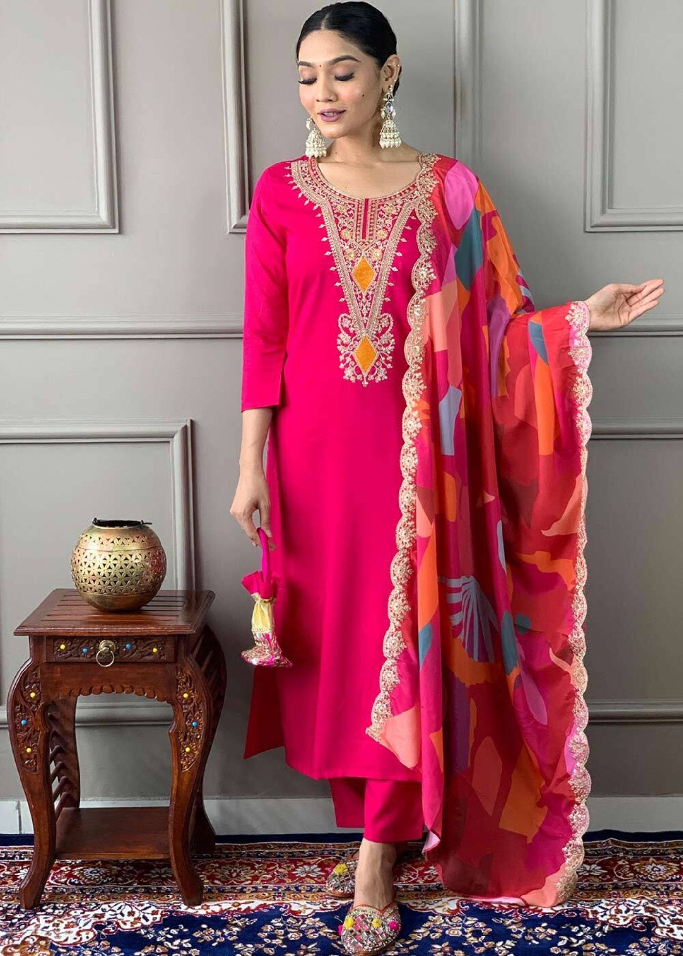 Silk Blend Embroidered Lucknowi Kurta Pant & Dupatta Set