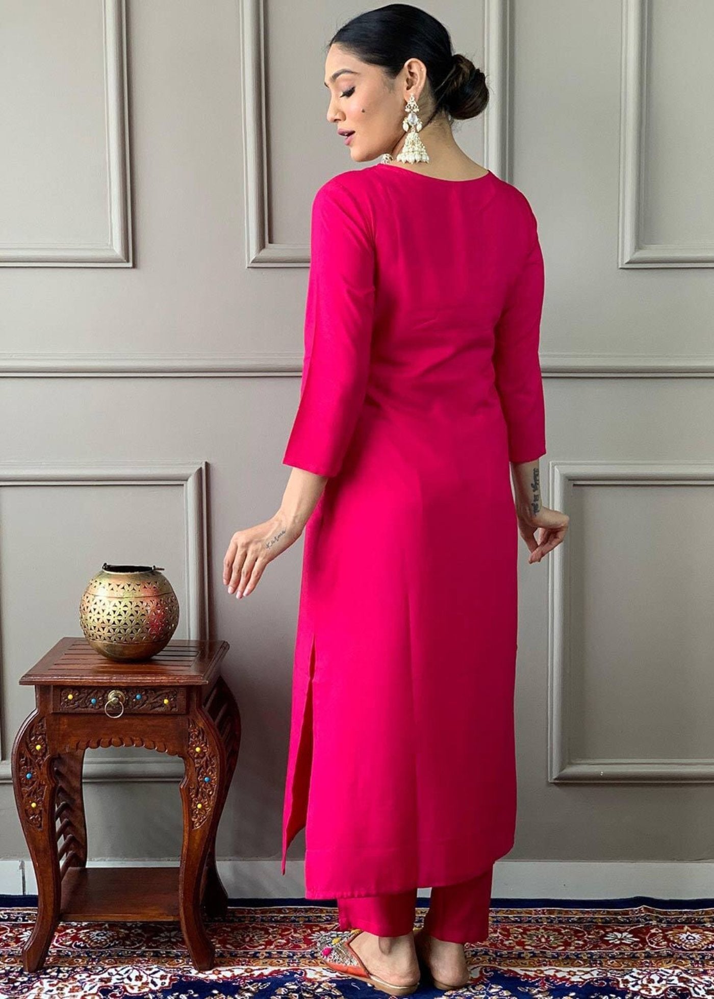 Silk Blend Embroidered Lucknowi Kurta Pant & Dupatta Set