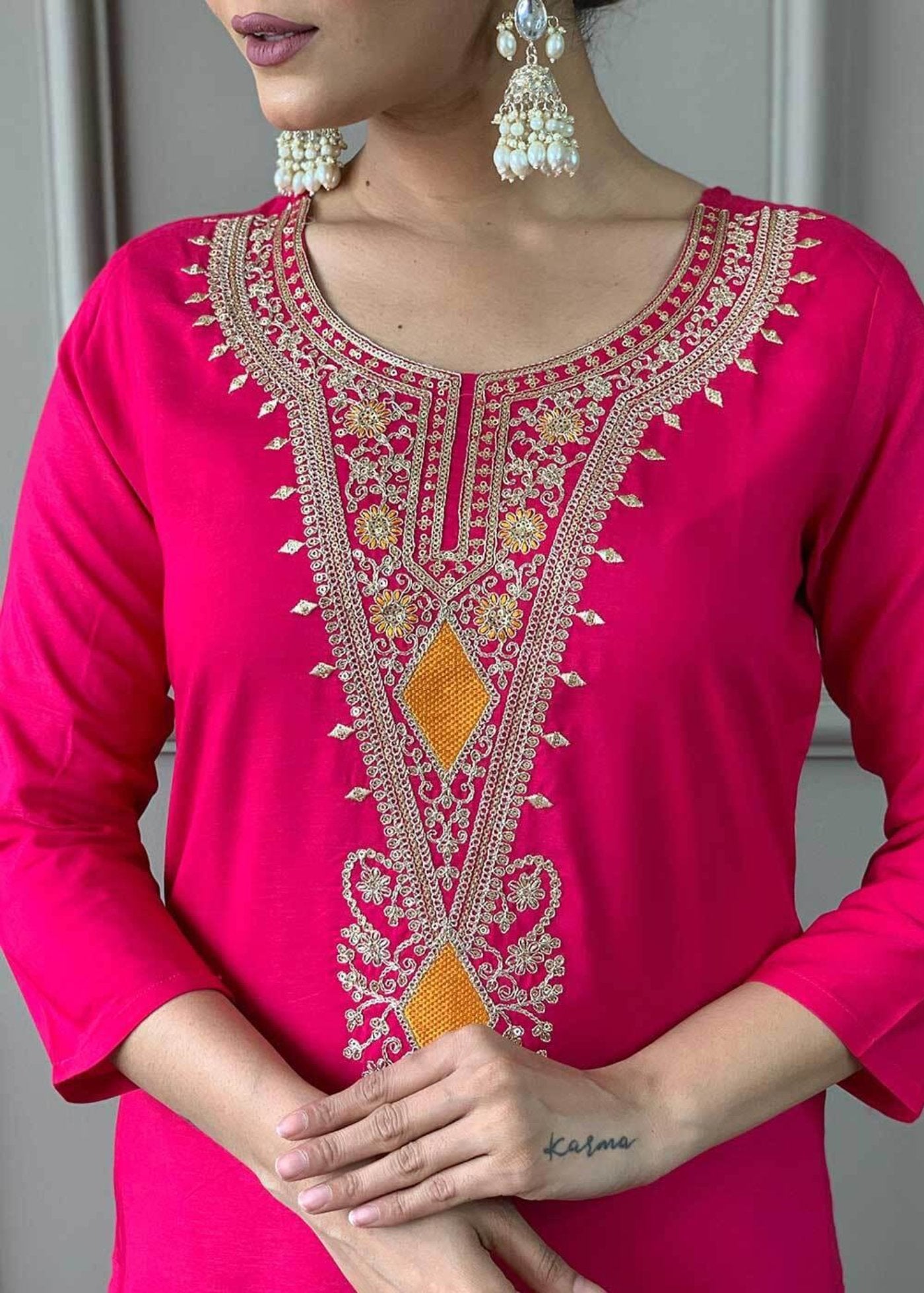 Silk Blend Embroidered Lucknowi Kurta Pant & Dupatta Set