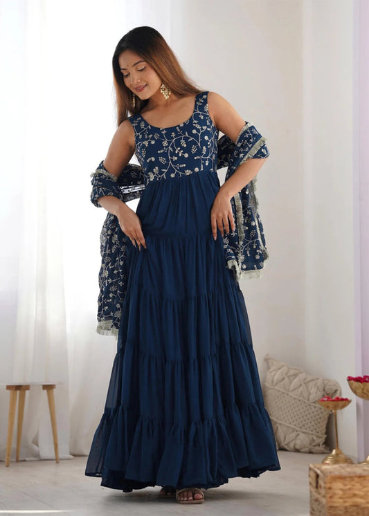 Georgette Sequins Embroidered Lucknowi Anrakali Gown Set