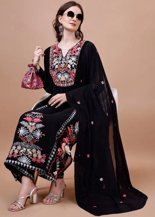 Women Georgette Kurta Palazzo Dupatta Set