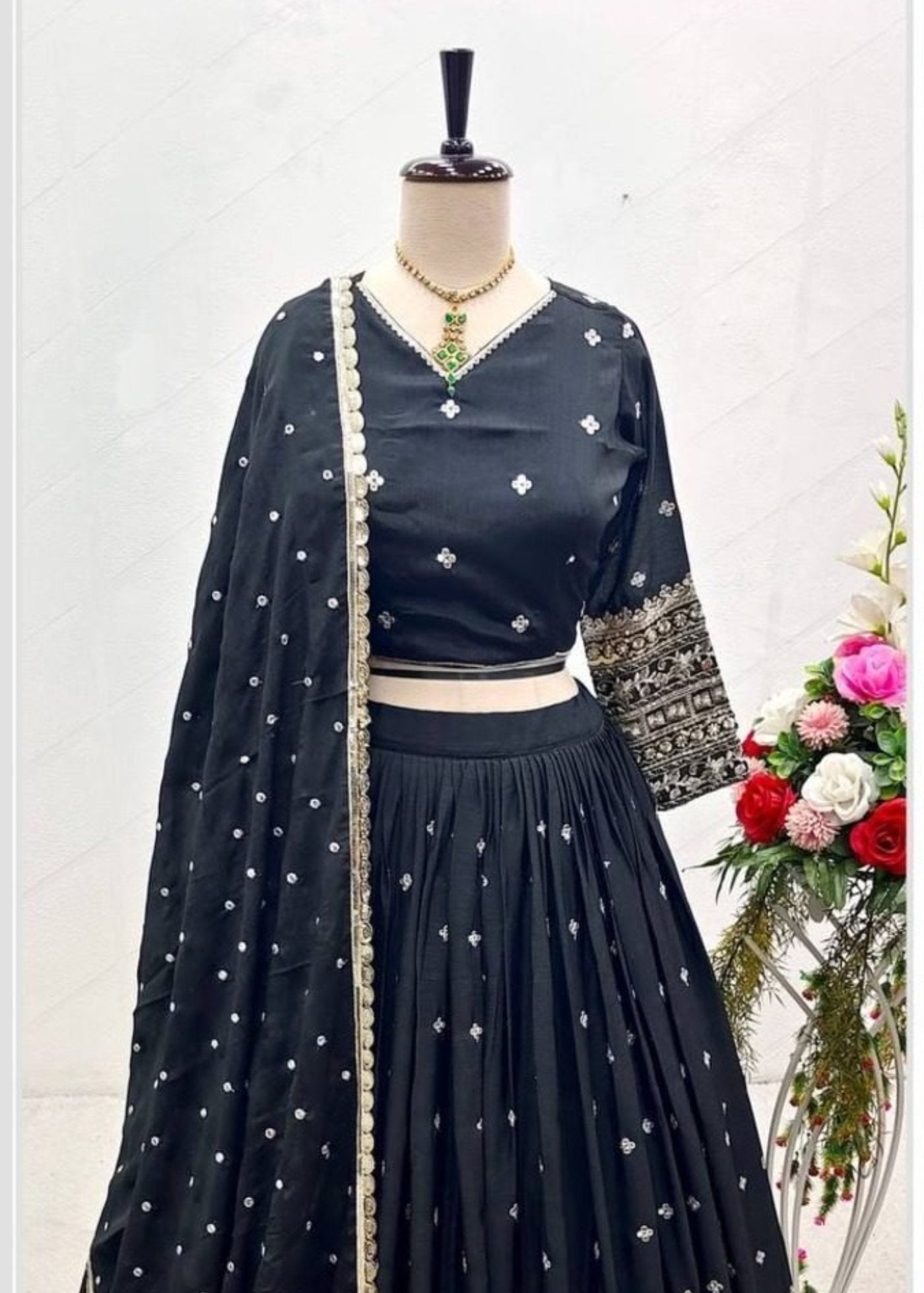 women's chinnon sequins embroidered lehenga choli set