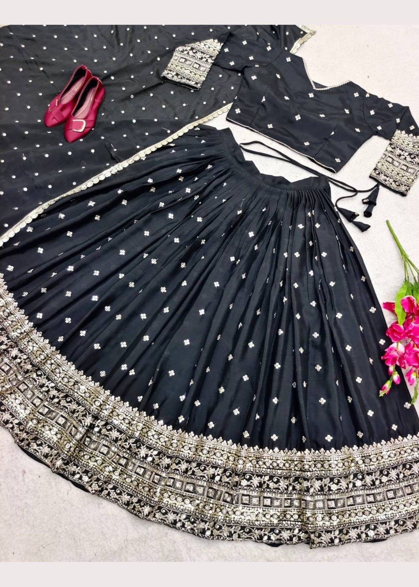 women's chinnon sequins embroidered lehenga choli set