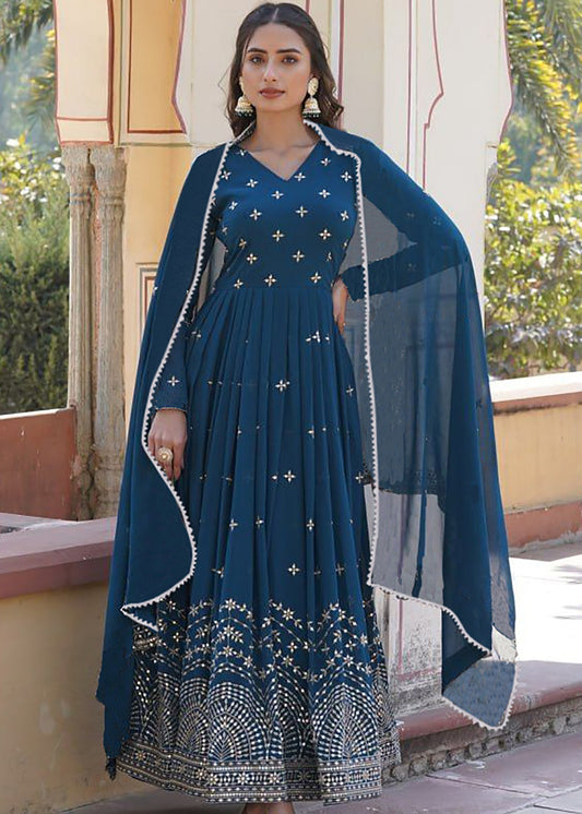 Embroidered Georgette Stitched Anarkali Gown With Dupatta