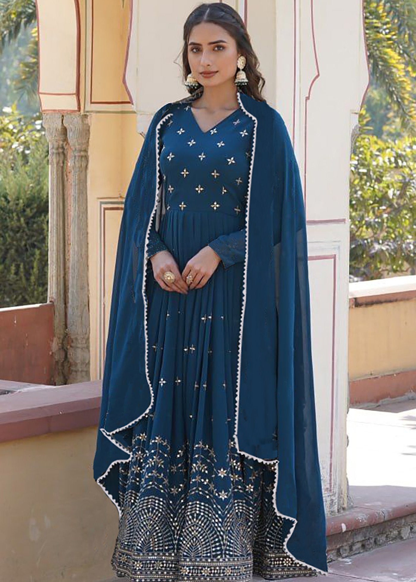 Embroidered Georgette Stitched Anarkali Gown With Dupatta