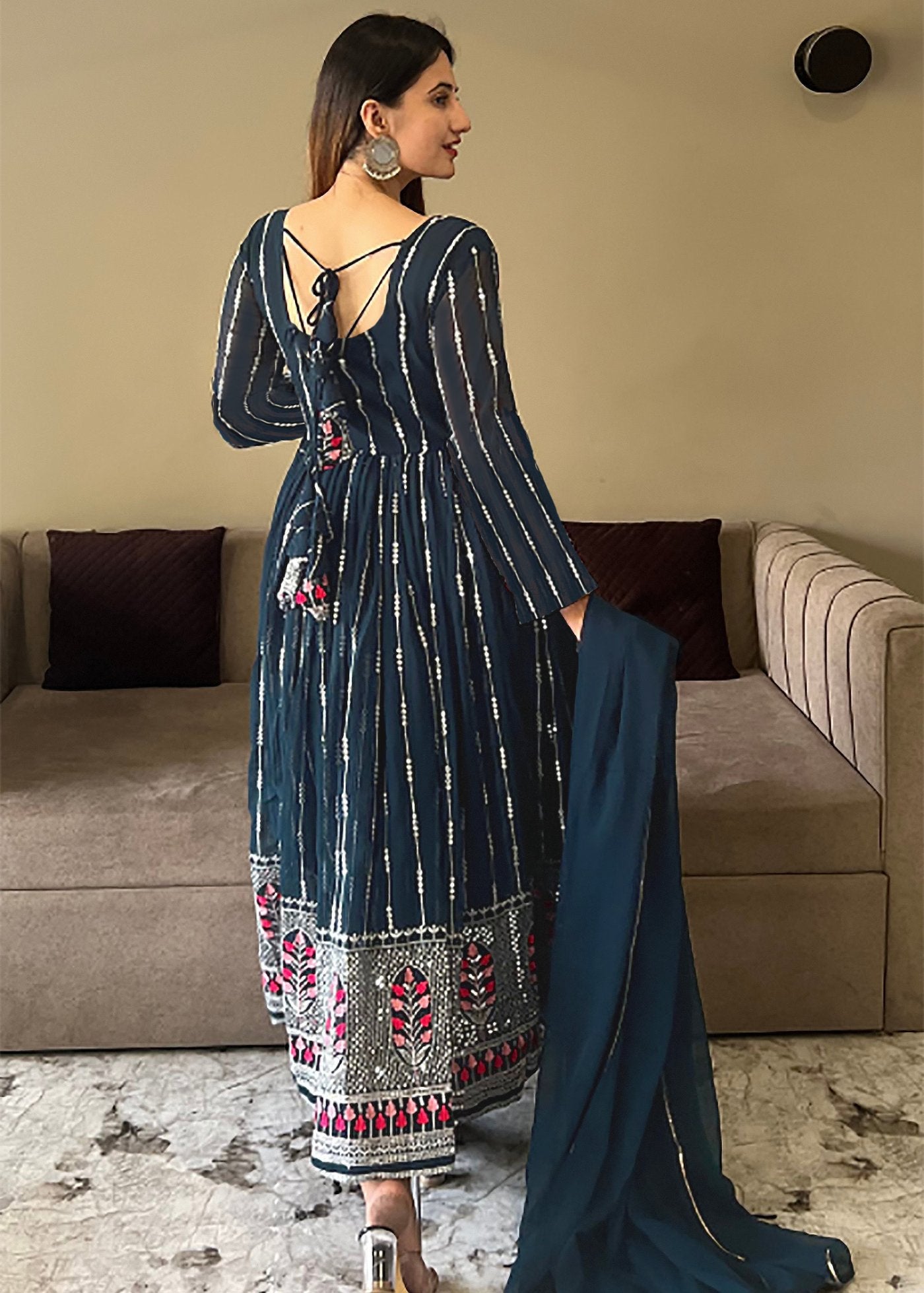 Embroidered Georgette Stitched Anarkali Gown With Dupatta