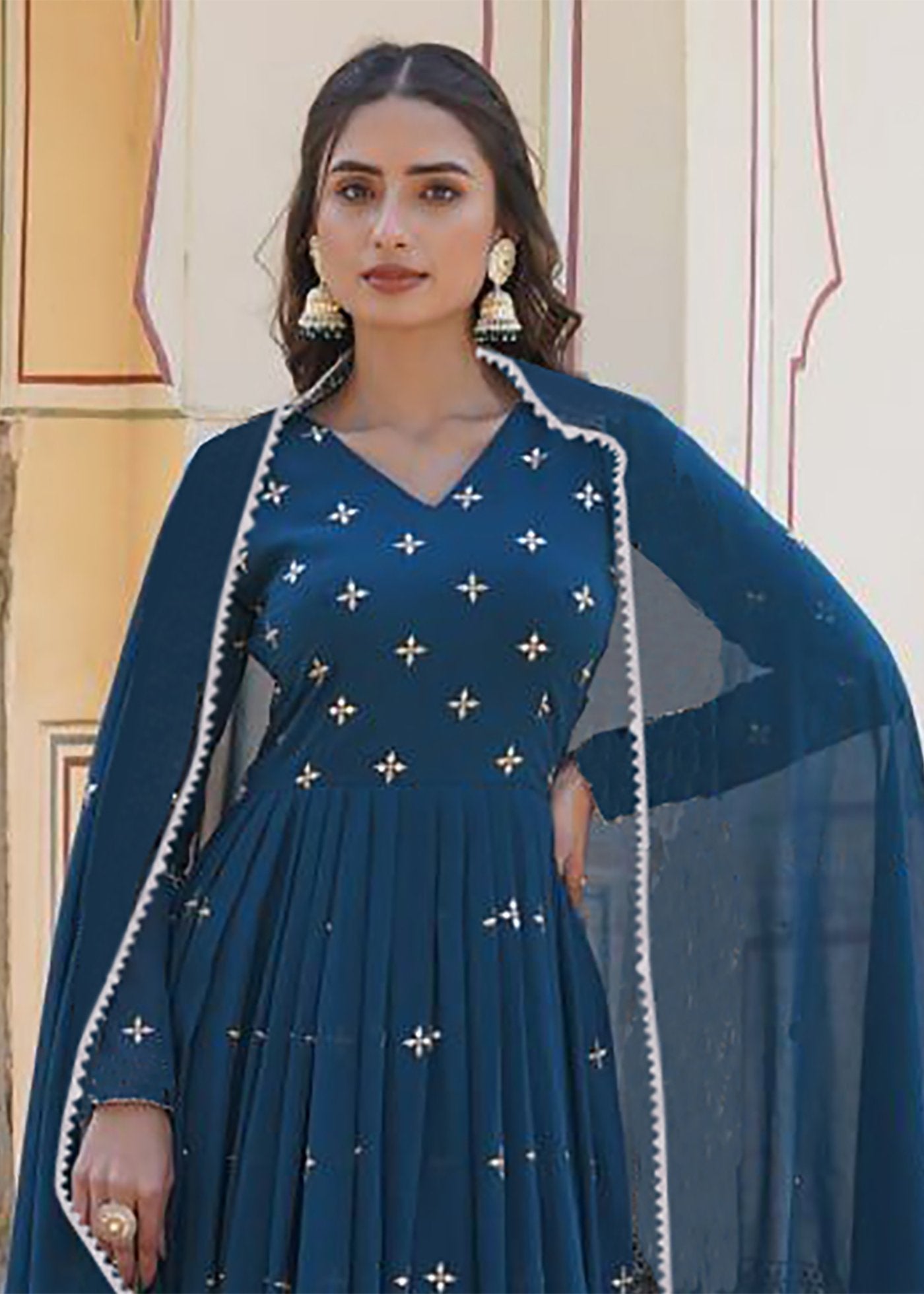 Embroidered Georgette Stitched Anarkali Gown With Dupatta