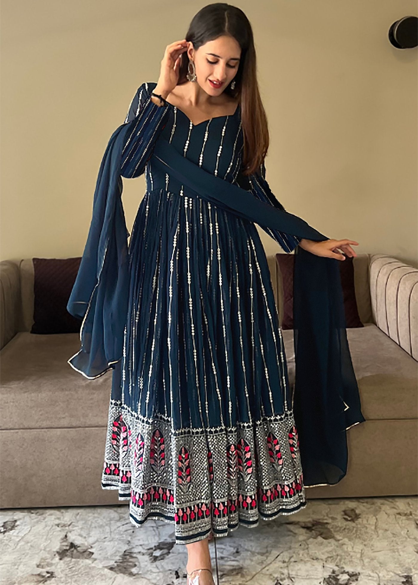 Embroidered Georgette Stitched Anarkali Gown With Dupatta