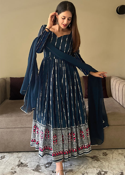 Embroidered Georgette Stitched Anarkali Gown With Dupatta