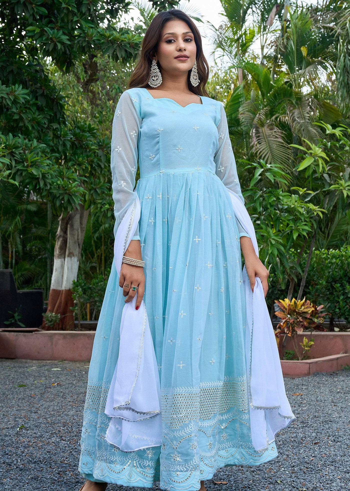 Embroidered Georgette Stitched Anarkali Gown With Dupatta