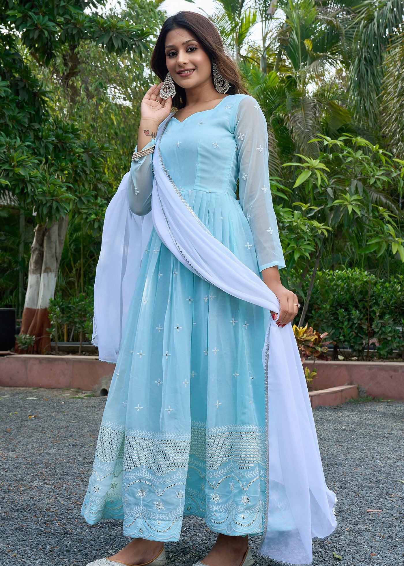 Embroidered Georgette Stitched Anarkali Gown With Dupatta