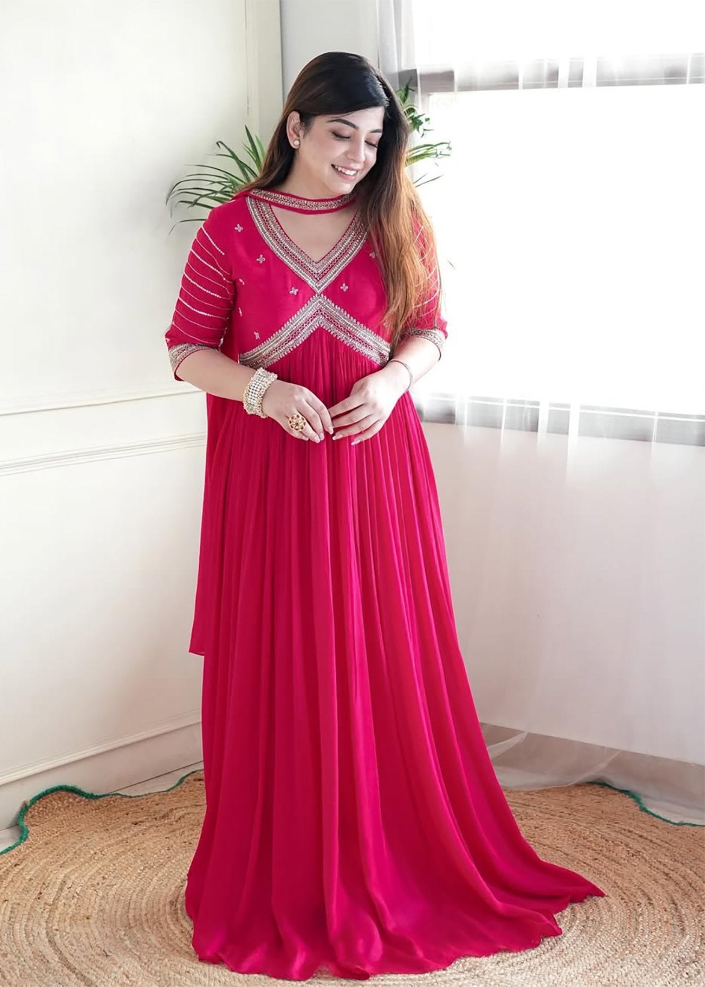 Beads Embroidered Alia-Cut Gown With Choker Dupatta