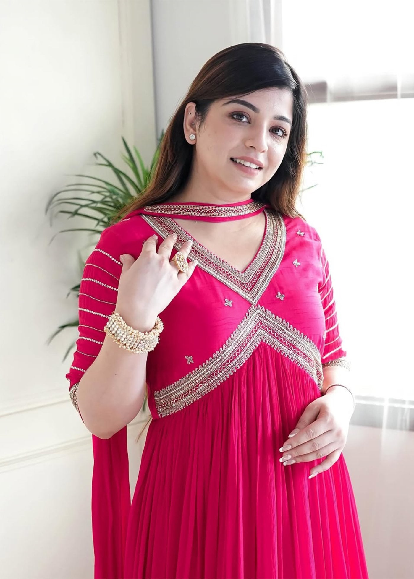 Beads Embroidered Alia-Cut Gown With Choker Dupatta