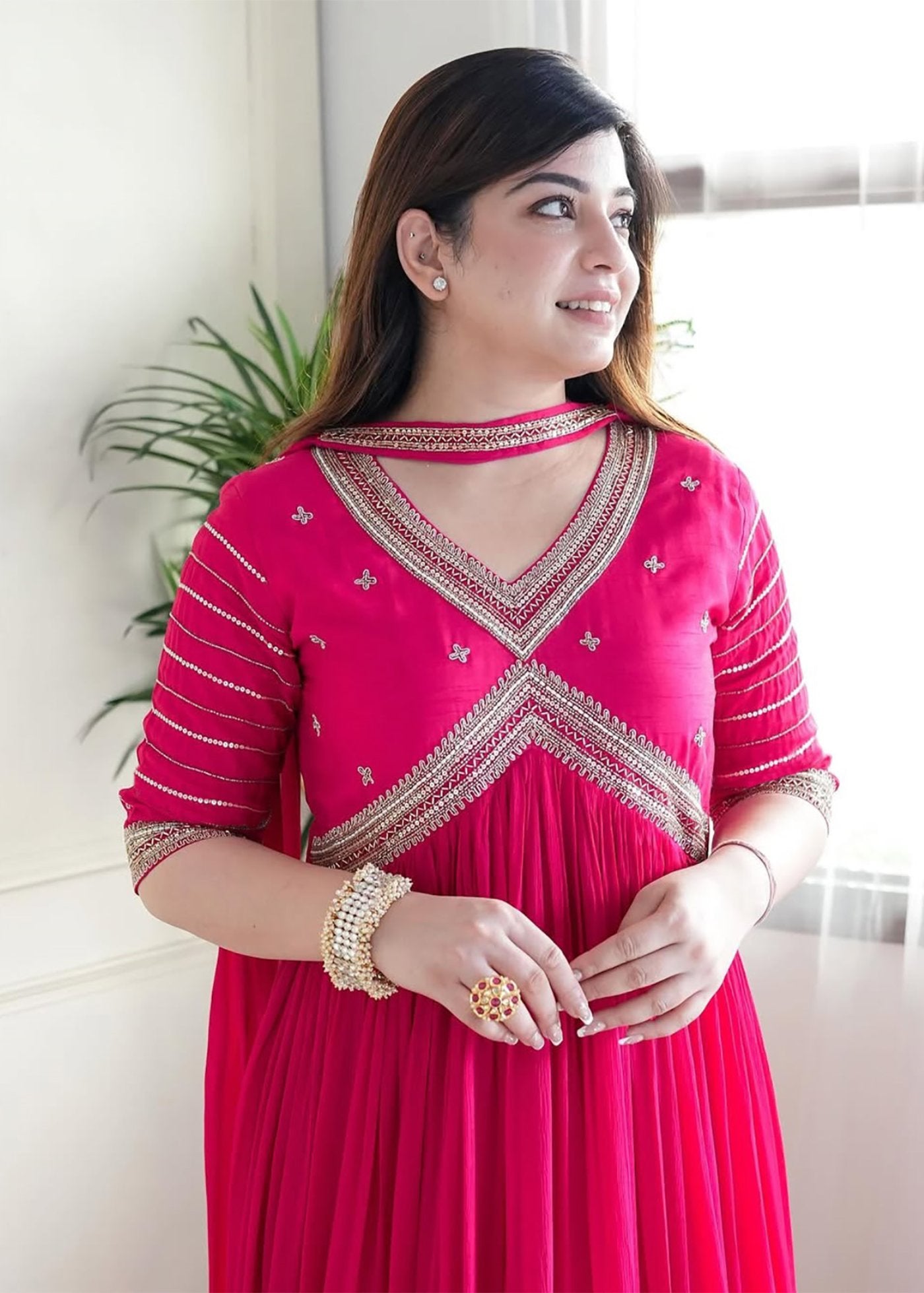 Beads Embroidered Alia-Cut Gown With Choker Dupatta